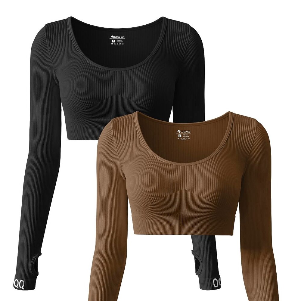 Women's 2 Piece Crop Tops Workout Long Sleeve Yoga Exercise Crop Tops